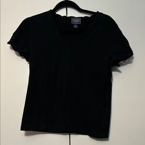 Chaps Black V-Neck Short Sleeve Top with Lace Trim
